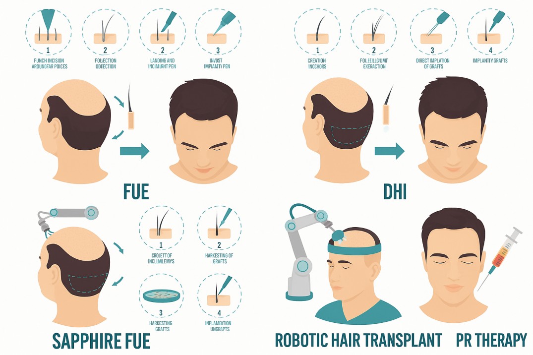 Illustration showing different hair restoration methods: FUE (Follicular Unit Extraction) with step-by-step graft extraction and implantation; DHI (Direct Hair Implantation) showing graft collection and direct implantation; Sapphire FUE using sapphire blades for graft extraction and placement; Robotic Hair Transplant with an automated robotic arm performing the procedure; and PRP Therapy with a syringe injecting platelet-rich plasma into the scalp