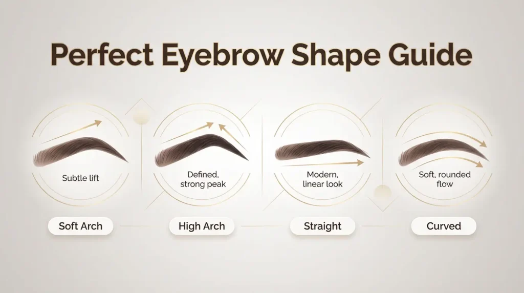 Eyebrow shape guide showing soft arch, high arch, straight, and curved brow styles.