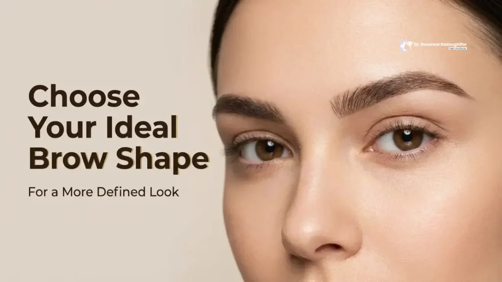 Close-up of woman's face highlighting well-shaped eyebrows with text about choosing ideal brow shape.