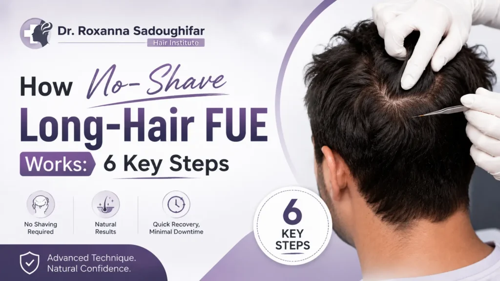No-Shave Long-Hair FUE hair transplant infographic showing six key steps, with a close-up of a scalp during the FUE procedure and highlights for no shaving, natural results, and quick recovery.