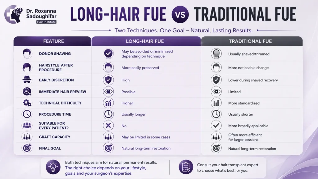 Long-Hair FUE vs Traditional FUE comparison infographic showing differences in donor shaving, hairstyle preservation, discretion, hair preview, technical difficulty, procedure time, graft capacity, and suitability.