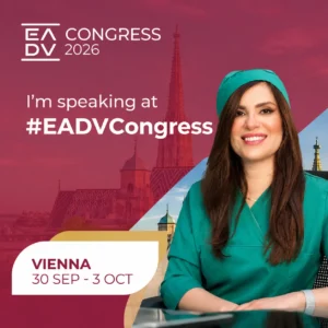 Dr. Roxanna Sadoughifar in teal medical attire, featured in a professional promotional poster announcing her participation as a speaker at EADV Congress 2026 in Vienna, taking place from 30 September to 3 October 2026.
