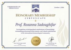 Honorary Membership Certificate awarded to Prof. Roxanna Sadoughifar by the Turkish Society of Dermatology on October 1, 2026, recognizing her distinguished contributions to dermatology and the international dermatological community.